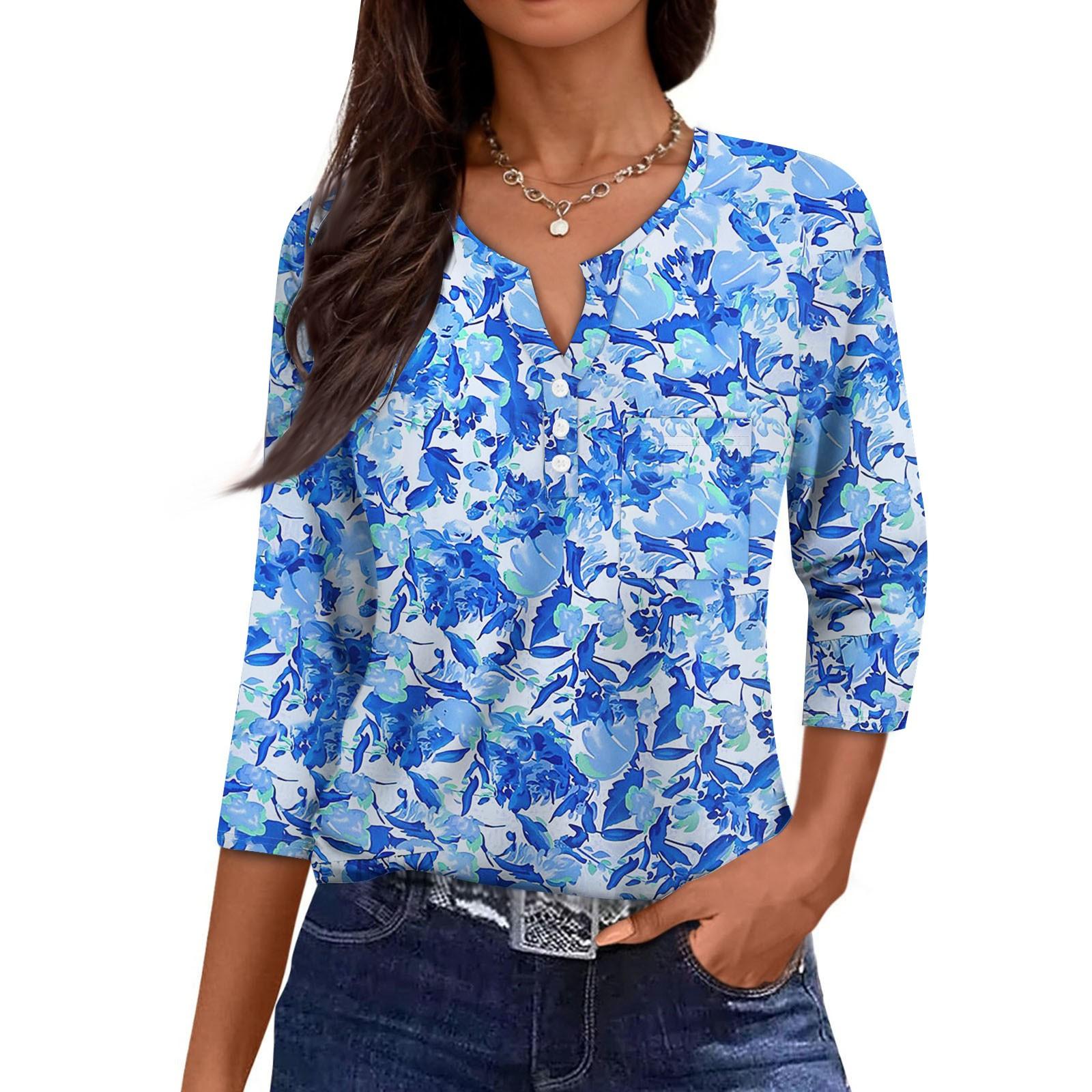 

Ladies Casual Fashion V-neck Loose Versatile Floral Print Three-quarter Sleeves S