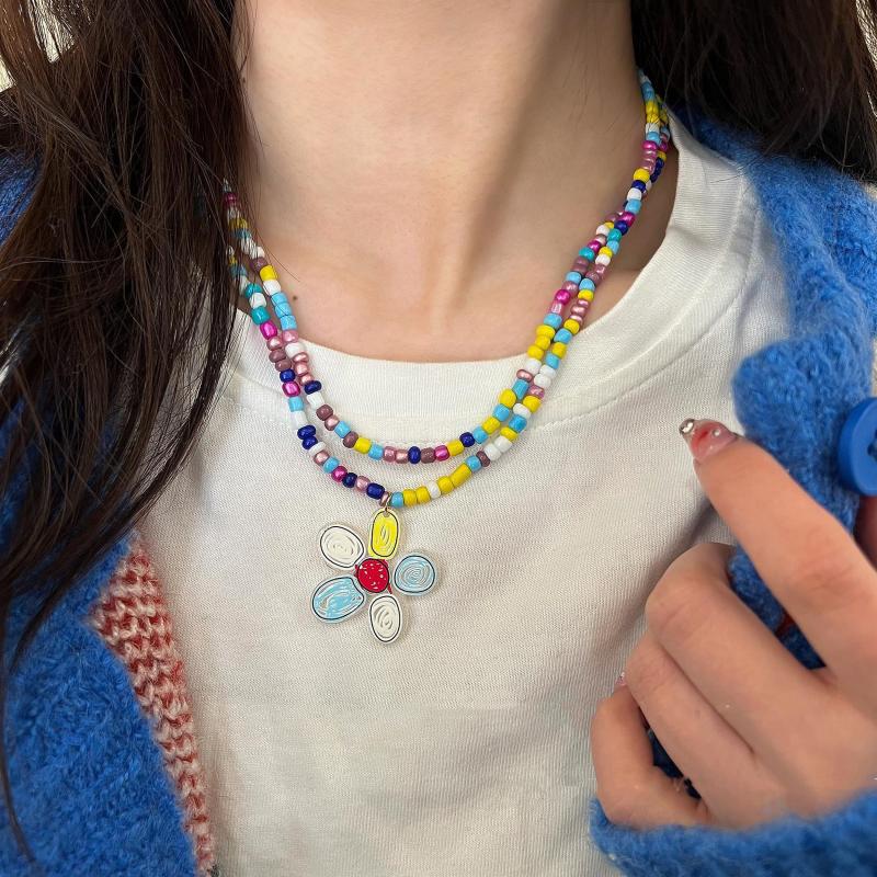 Çift Katmanlı Renkli Boncuklu Çiçek Kolye Ucu Kızlar Kadınlar İçin El Yapımı Boncuklu Choker Bohem Kolye Takı Hediye