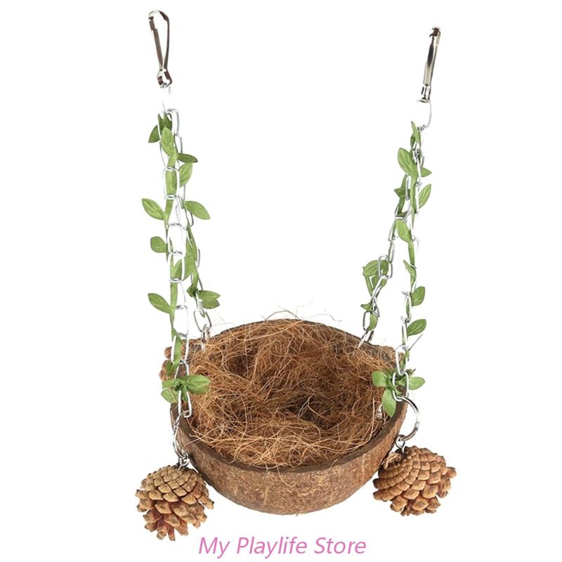 Hanging Bird House Cage Coconut Bird Nest Parrots Hanging Bed Breeding Nesting Bird Swing Toy With Chewing Toy Bird Supplies