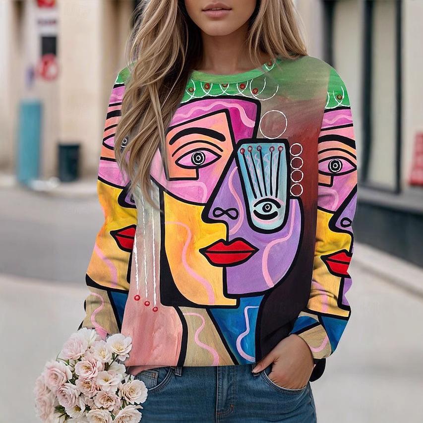 

Осенне-зимняя женская одежда, хит продаж, стиль градиентной абстрактной живописи, 3D-принт, пуловер с круглым вырезом, повседневный топ M