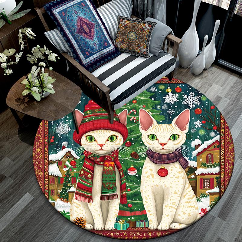 Christmas Cat Pattern Round rug,Carpet Rug for Living Room Bedroom Playroom ,Non-slip Floor Mat,Holiday Gifts and Birthday Gifts.