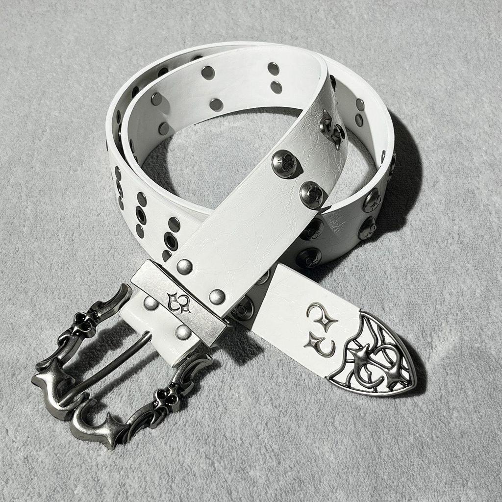 Dark Spicy Girl Punk Rock Rivet Denim Leather Belt with Double Row Design