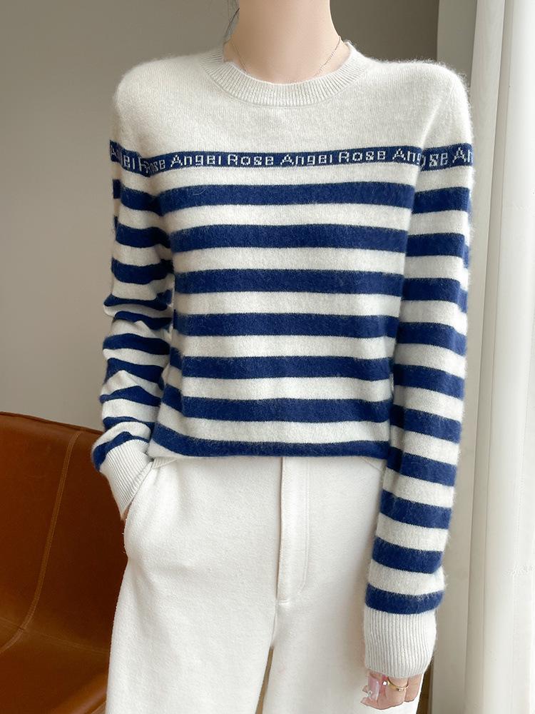 Women's Striped Crew Neck Wool Sweater - Autumn/Winter Loose-Fit Cashmere Knit