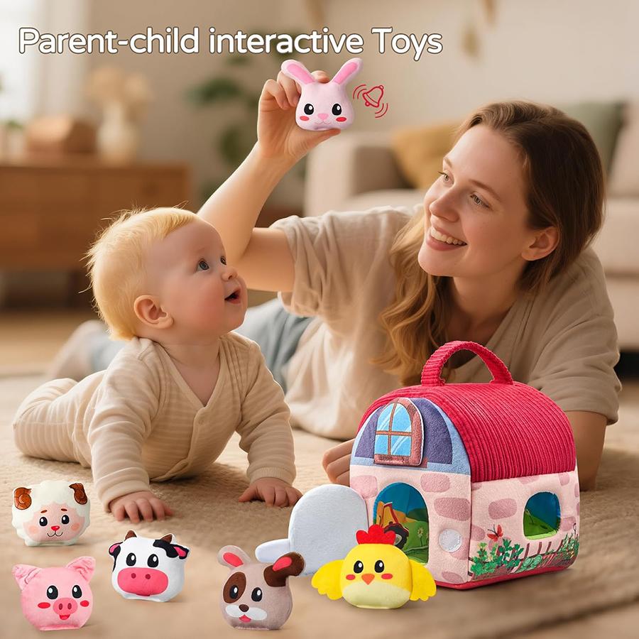 Baby Toys 6-12 Months, Barn Toys with Stuffed Farm Animals for Toddlers 1-3 Baby Plush Beehive wtih Rattles Squeaker Mirror