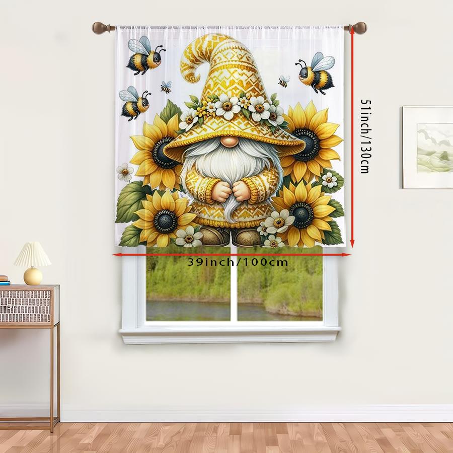 1PC Sheer Curtain Sunflower Gnome Bee Yellow Print, Rod Pocket Window Curtain for Living Room Summer Garden Decor