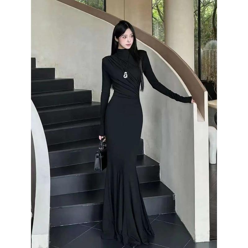 Spring Women's Burgundy Turtleneck Mermaid Maxi Dress Long Sleeve Bodycon Formal Evening Gown