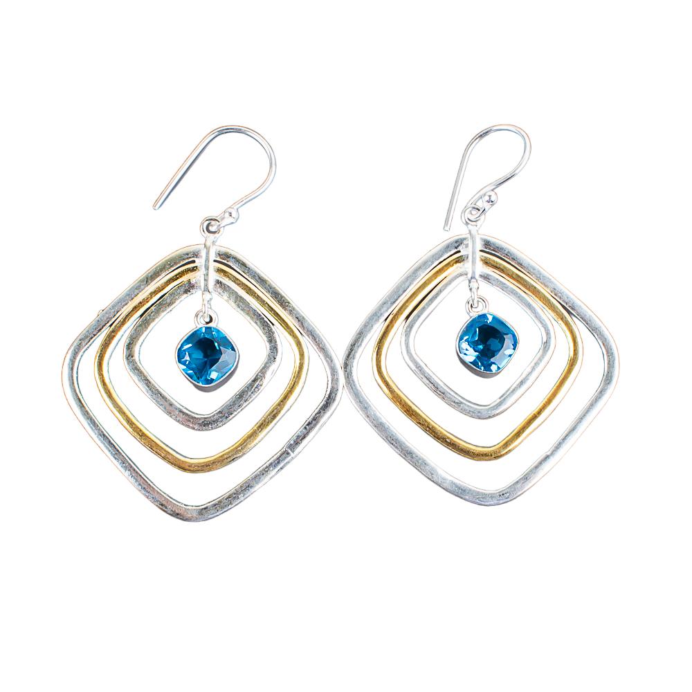 Swiss Blue Topaz Gemstone 925 Sterling Silver Handcrafted Jewelry Earrings 2.44" EE-70-7
