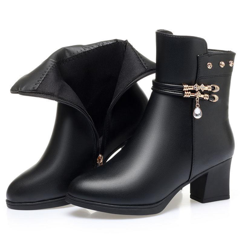 Fashion Winter Boots Women's High Heels Solid Color Fleece Warm Plus Size 42 Outdoor Anti-Skid Middle Boots Botas Mujer Invierno