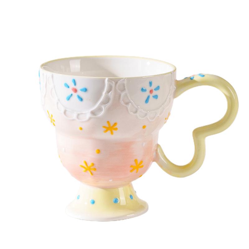 Hand-Painted Relief Goblet Household Ceramic Cup Drinking Cup Coffee Cup Cute Milk Oat Cup