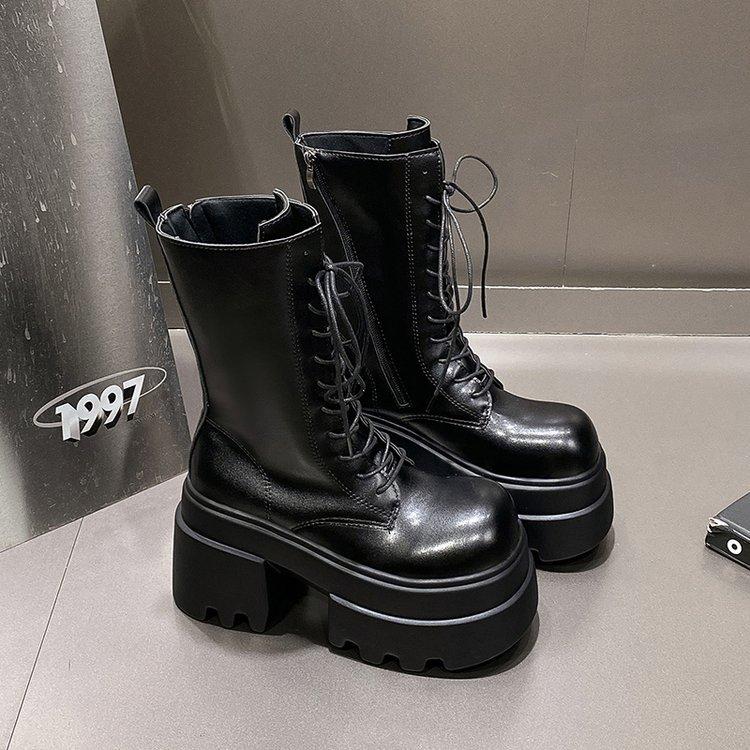 Women's Punk Platform Boots Autumn Spring New Gothic Leather Mid-Calf Boots Lace-Up Chunky High Heel Streetwear Motorcycle Botas