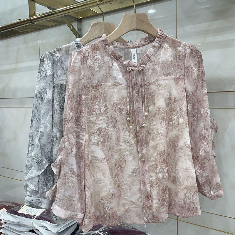 Spring Floral Chiffon Shirt Women Loose Fit Fashion Slimming Printed Lace Collar Blouse