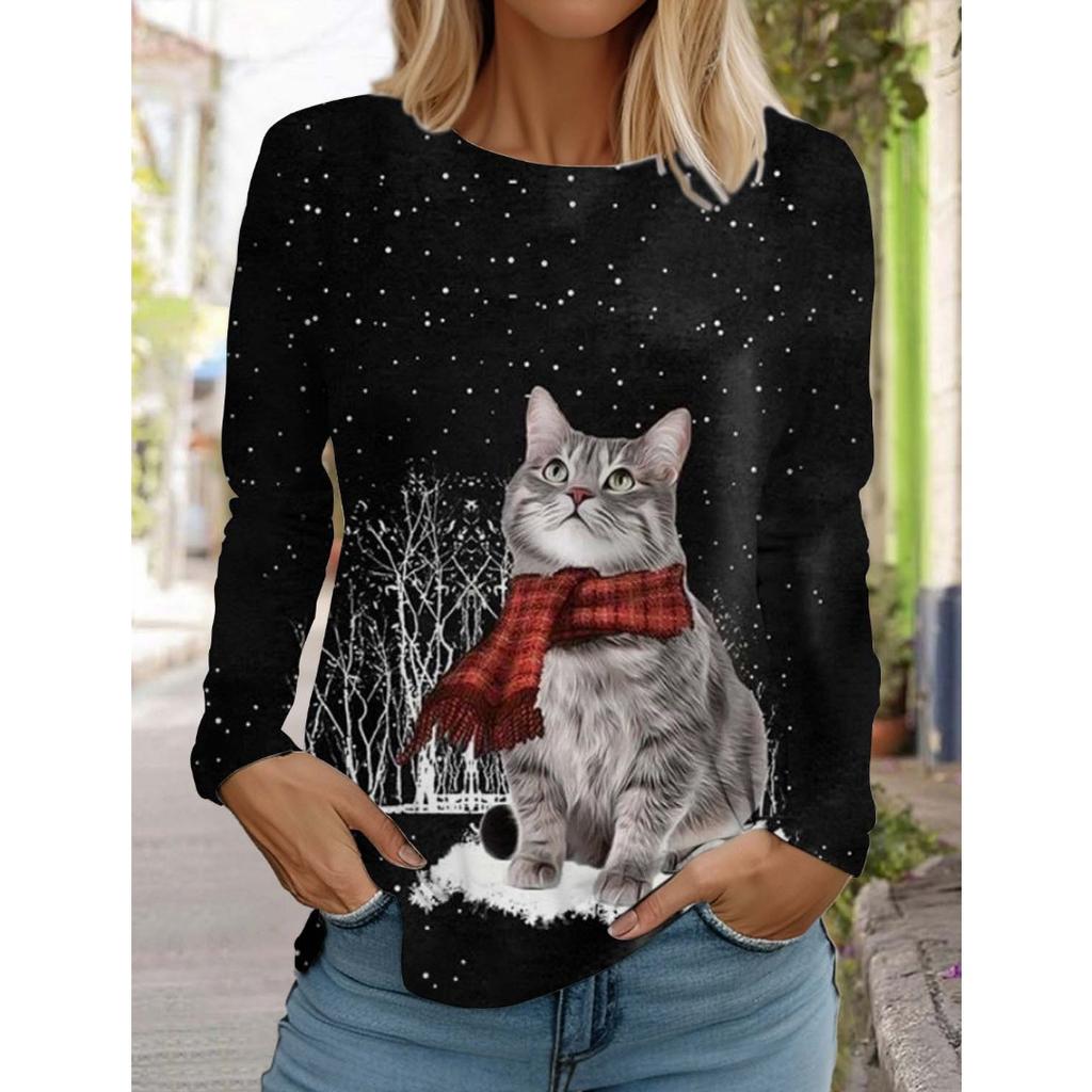 Christmas Women's Long Sleeved T-shirt Casual Holiday Fashion Christmas Cute Cat Holiday gifts Tops Harajuku  Women's Clothing