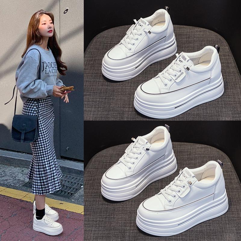 Muffin Platform White Shoes Women's Autumn New Leather Breathable Small Inner Height Increase 8 Casual Board Shoes