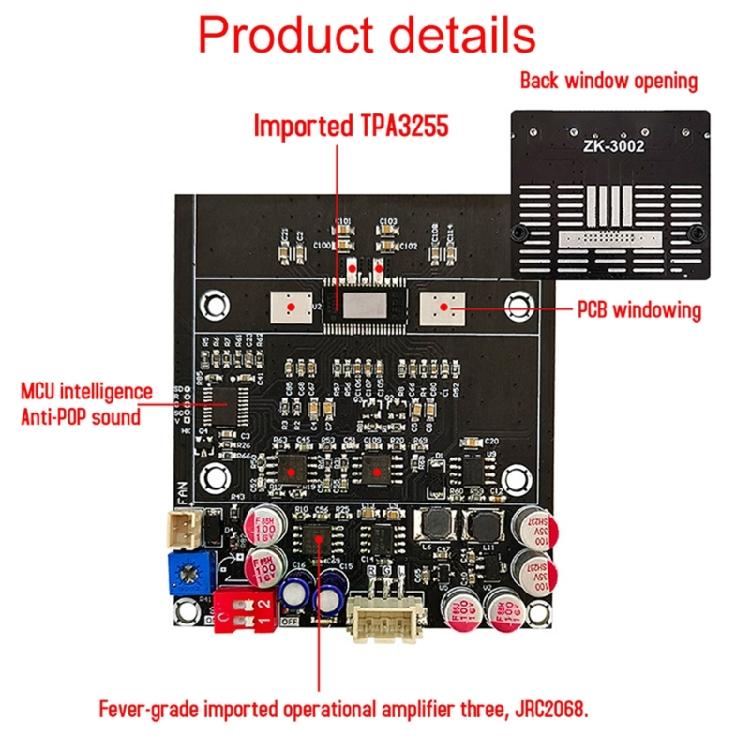 Digital Amplifier Board ZK-3002 300Wx2 Stereo Amplifier Plate TPA3255 Chip with Heat Dissipation Cooling Fan Build-in