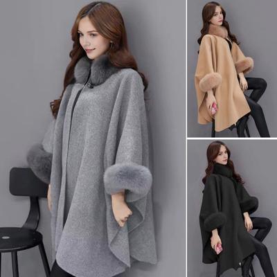 Lady Winter Cape Coat Dolman Sleeves Thick Shawl Loose Stand Collar Solid Color Faux