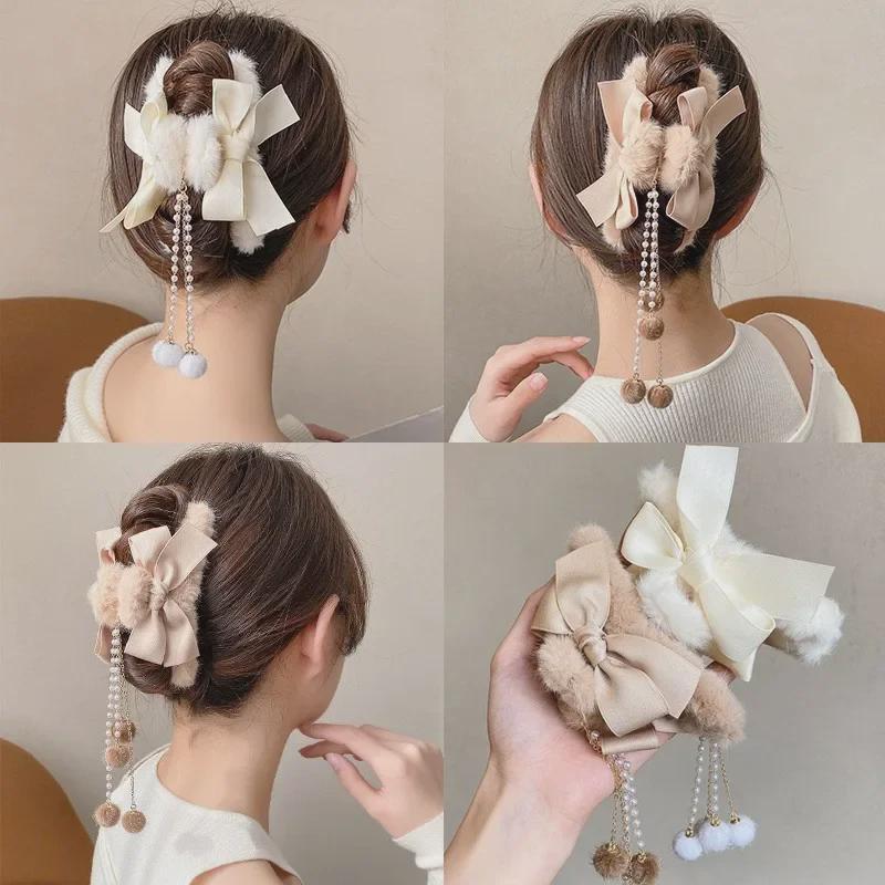 Autumn/Winter Large Pearl Tassel Bow Hair Clip with Plush Shark Design