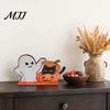 Halloween Wooden Table Decorations Ghost And Pumpkin Black Cat Ornaments, Retro Solid Wood Seasonal Accents Cartoon Tabletop Centerpiece for