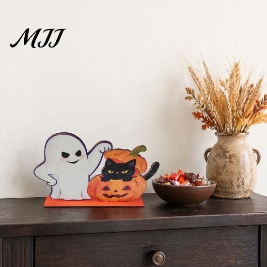 Halloween Wooden Table Decorations Ghost And Pumpkin Black Cat Ornaments, Retro Solid Wood Seasonal Accents Cartoon Tabletop Centerpiece for