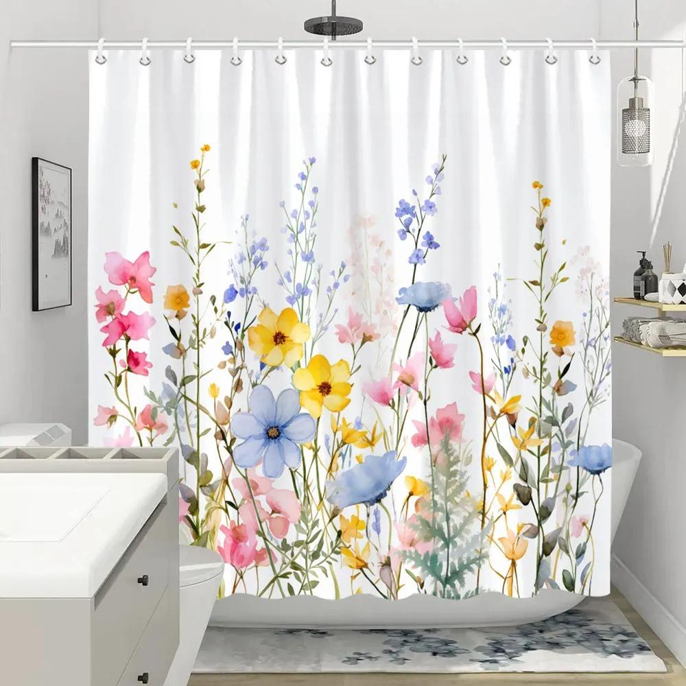 Colorful Flowers Shower Curtain for Bathroom Pink Floral Romantic Wildflower Plants Nature Scenery Decor Curtain Set with Hook