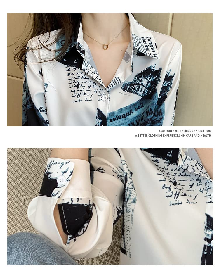 Fairy Stone Long Sleeve Chiffon Blouse with Letter Size Women's Print, V-Neck, Casual/Formal, B-24 (White, M)