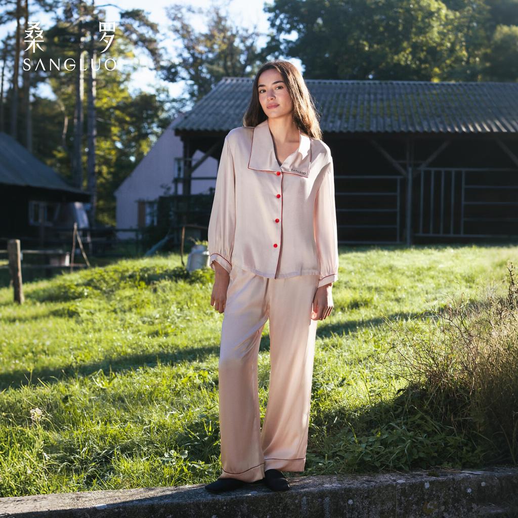 Sanluo Silk Pajama Set 23 Momme Heavyweight Silk Skin-Enhancing Embroidered Color-Block Loungewear