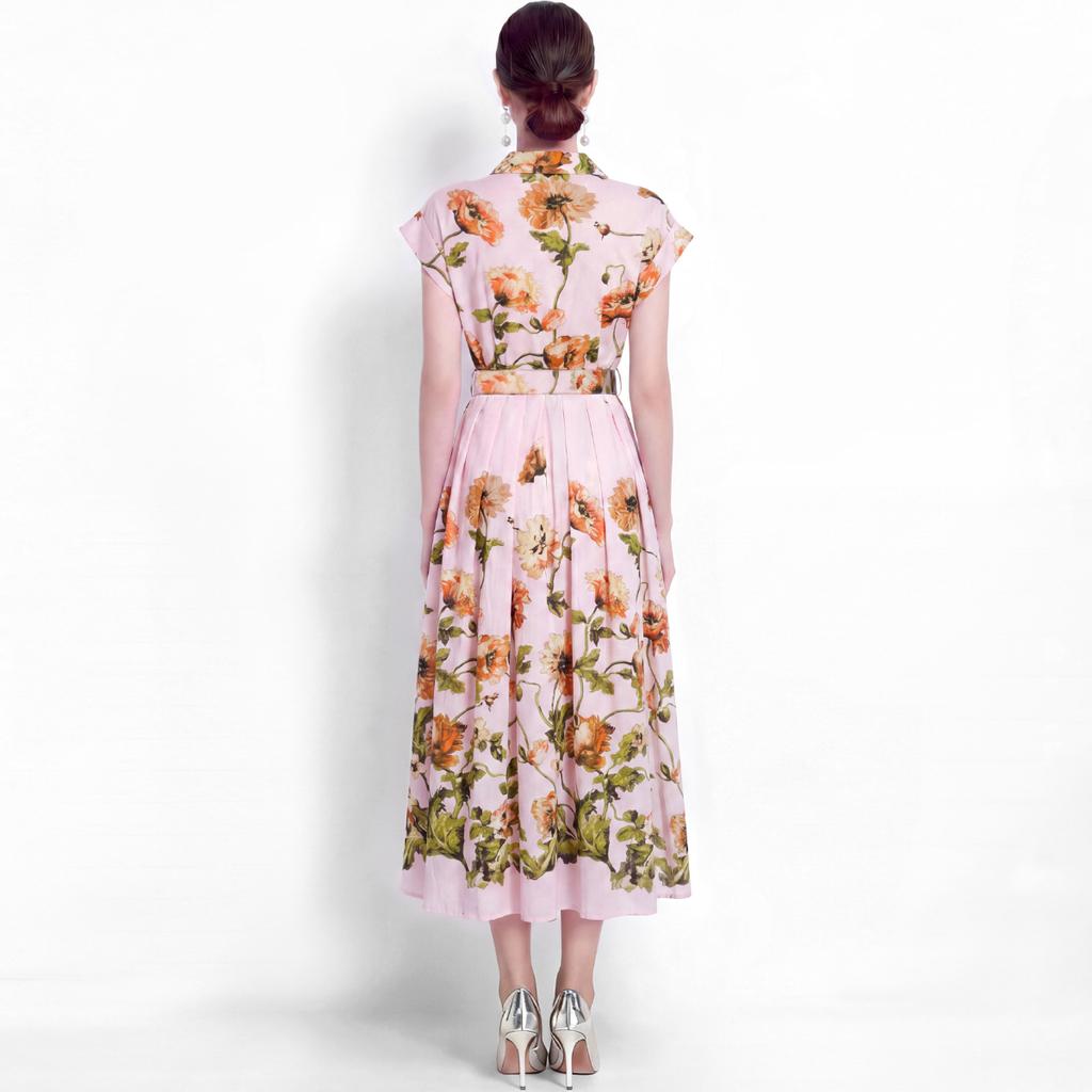 Elegant Floral Print Midi Shirt Dress for Women Summer Cap Sleeve Lapel Button Down Waist Belt A-Line Dress Holiday Outfits