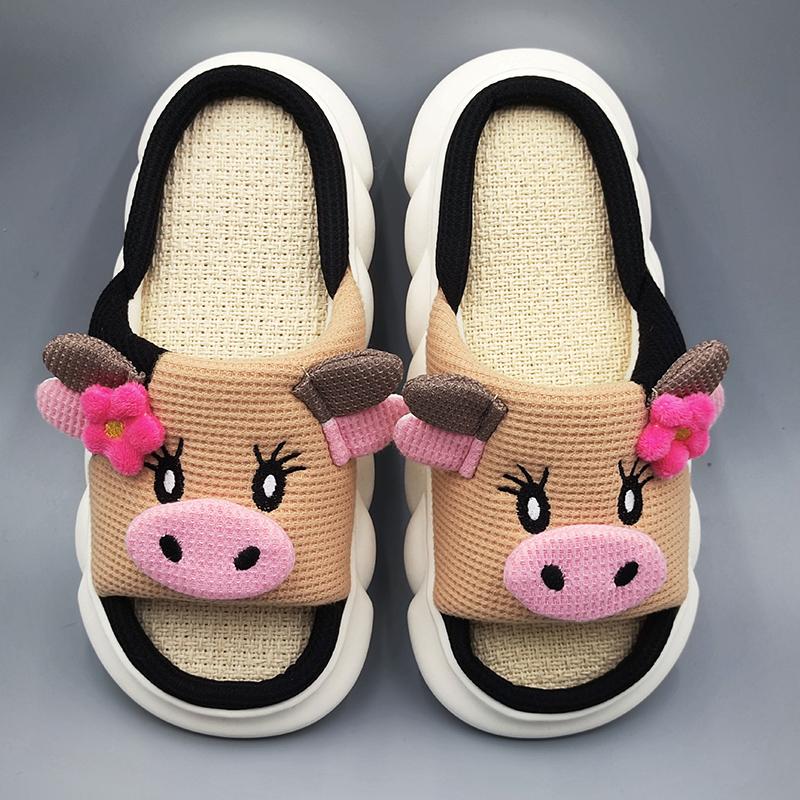 Fashion Lovely Cow Linen Slippers for Women Spring Autumn Open Toe Platform Linen Slides Woman Soft Non Slip House Slippers Female
