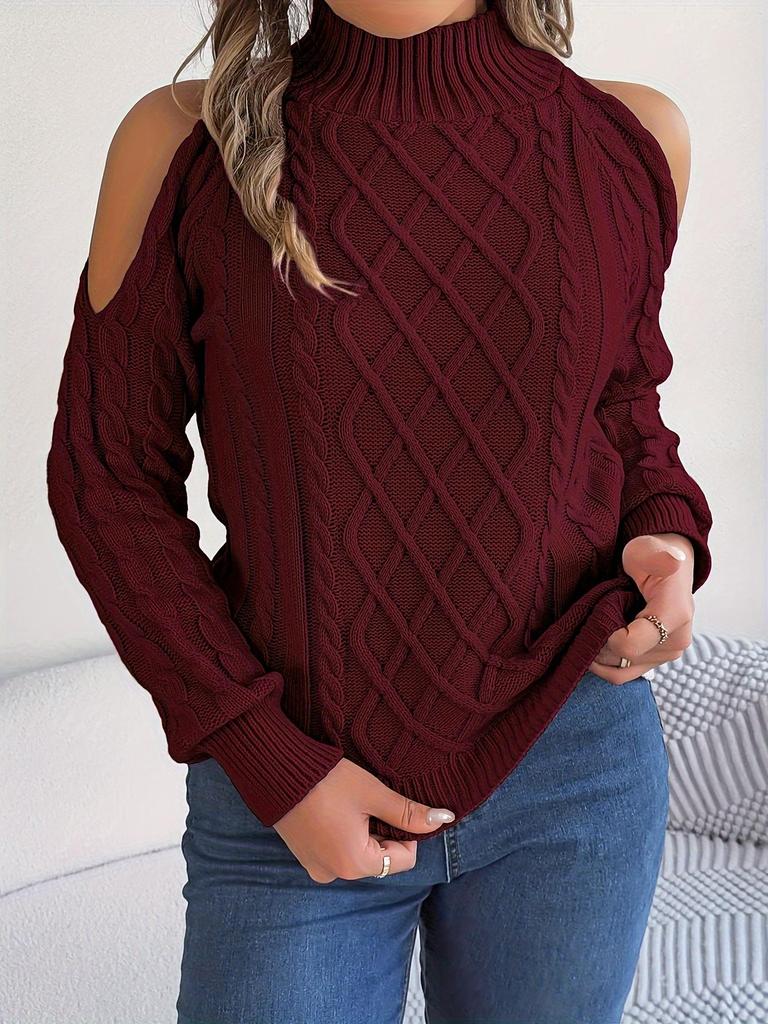 Women's Off-Shoulder High Neck Cable- Sweater - Soft Stretchy Long Sleeve Pullover, Solid Color Casual Chic Fall Winter Top, Highneck Pullover