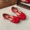 Fashion Retro Roman Sandals for Women, 2025 Summer New Round Toe Cutout Woven Single Shoes with Skirts