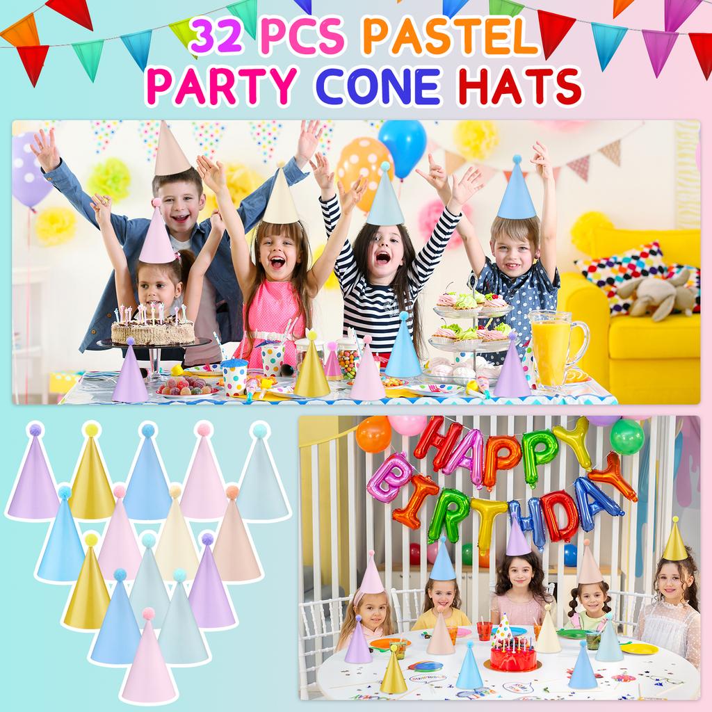 Pastel Birthday Party Hats For Kids Glitter Powder Rainbow Cone Kids Hats Pastel Rainbow Themed Paper Ha-Ts