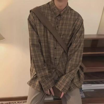Men's Trendy Japanese Retro Coffee Plaid Long Sleeve Shirt Jacket for Spring and Autumn