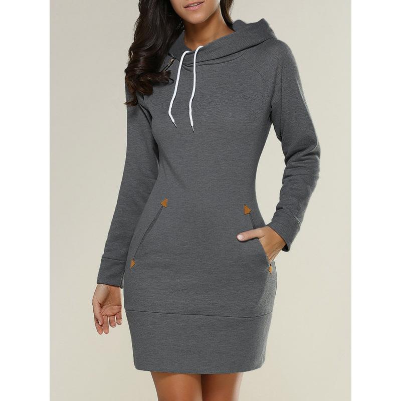 Women's Hooded High Neck Long Sleeve Sweatshirt Dress Solid Casual Bodycon Mini Dress With Pockets S-5XL Plus Size Fall Winter Daily Wear