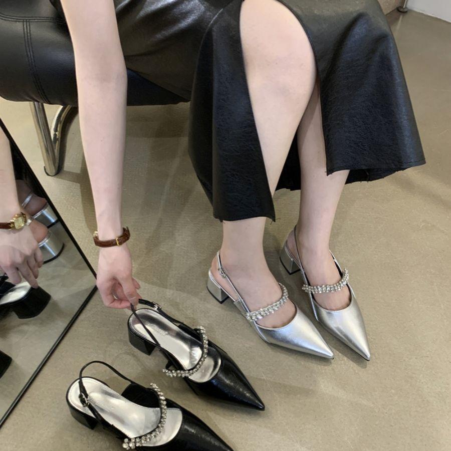 Silver bag head thick heel sandals fairy style 2025 summer vintage Mary Jane shoes rhinestone pointed high heel shoes