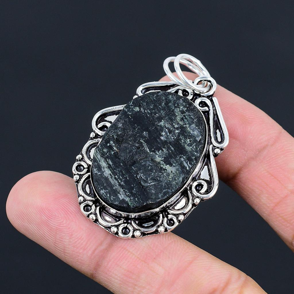 925 Sterling Silver Oval Black Tourmaline Rough Stone Bezel New Sister Pendant