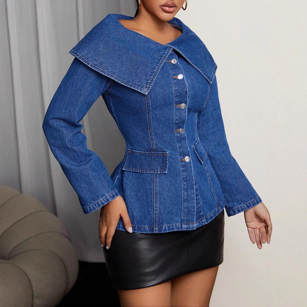 European and American street style large lapel denim long-sleeved versatile fashionable sexy personalized women's jacket trend