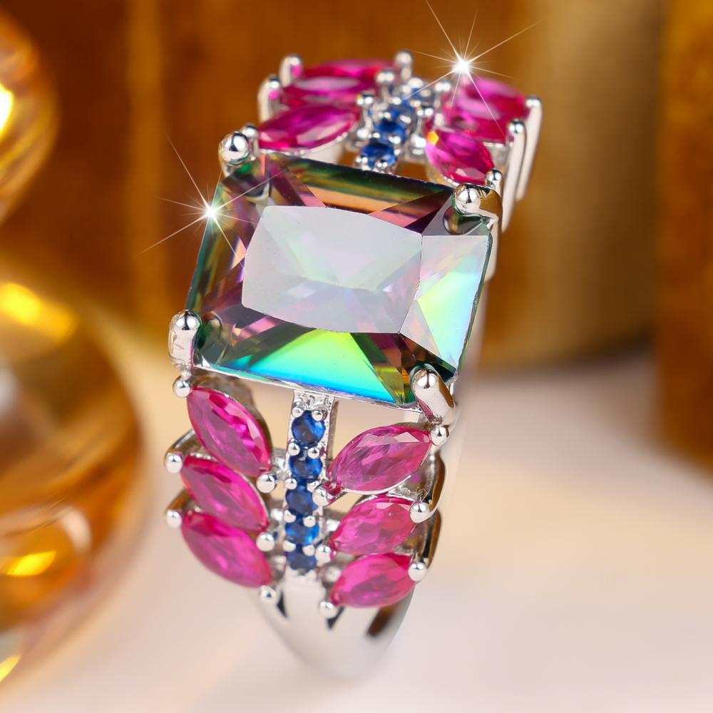 Luxury Silver Color Rainbow Ring for Women Emerald Cut Zircon Wedding Banquet Fashion Jewelry Gift