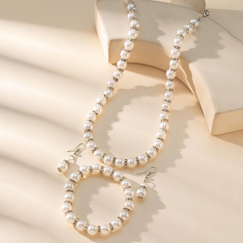 Abs Pearl Jewelry Necklace Earrings Bracelet Set Women'S Necklace Earrings Bracelet Three-Piece Set For Mom Gift Accessories