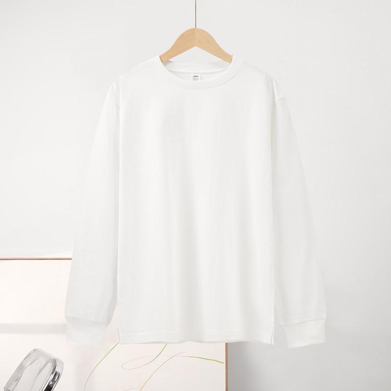 

230 г Чистый хлопок Свободный крой Корейский стиль Футболка с длинным рукавом и круглым вырезом - Женская однотонная, Высококачественный топ для ранней осени L (145-170 jin)