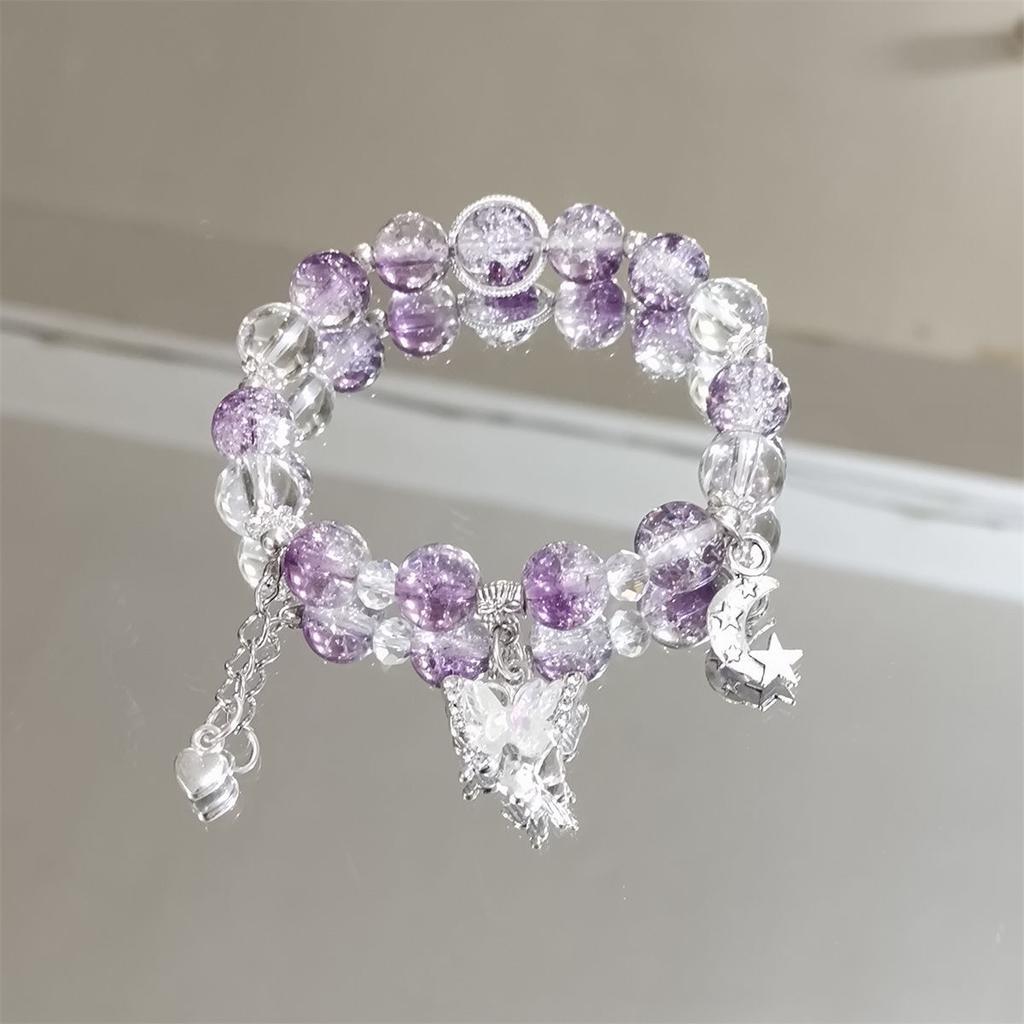 Sweet Purple Crystal Butterfly Bracelet for Women Simple Heart Moon Star Charm Bracelet Popular Fashion Jewelry Holiday Gift