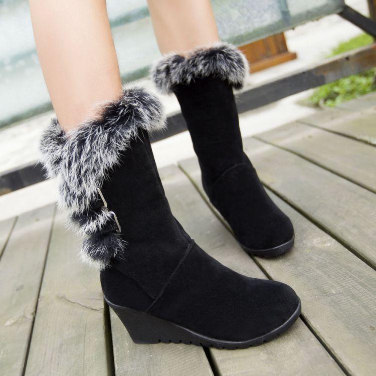 Wedge Heel Wool Cotton Boots, Rabbit Fur Wedge Heel Medium Boots, Thickened Warm Winter Boots for Women, Join