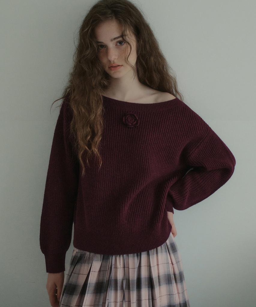 OURNOSTALGIA Rosette Off-Shoulder Knit_Burgundy(Ocb6Kn03)