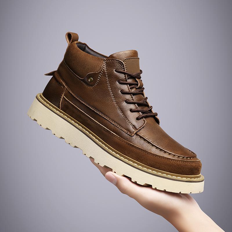 Men's Retro High-Top Leather Martin Boots - Winter Warmth, Thick Sole, Height Increasing, British Style for Autumn Trend.