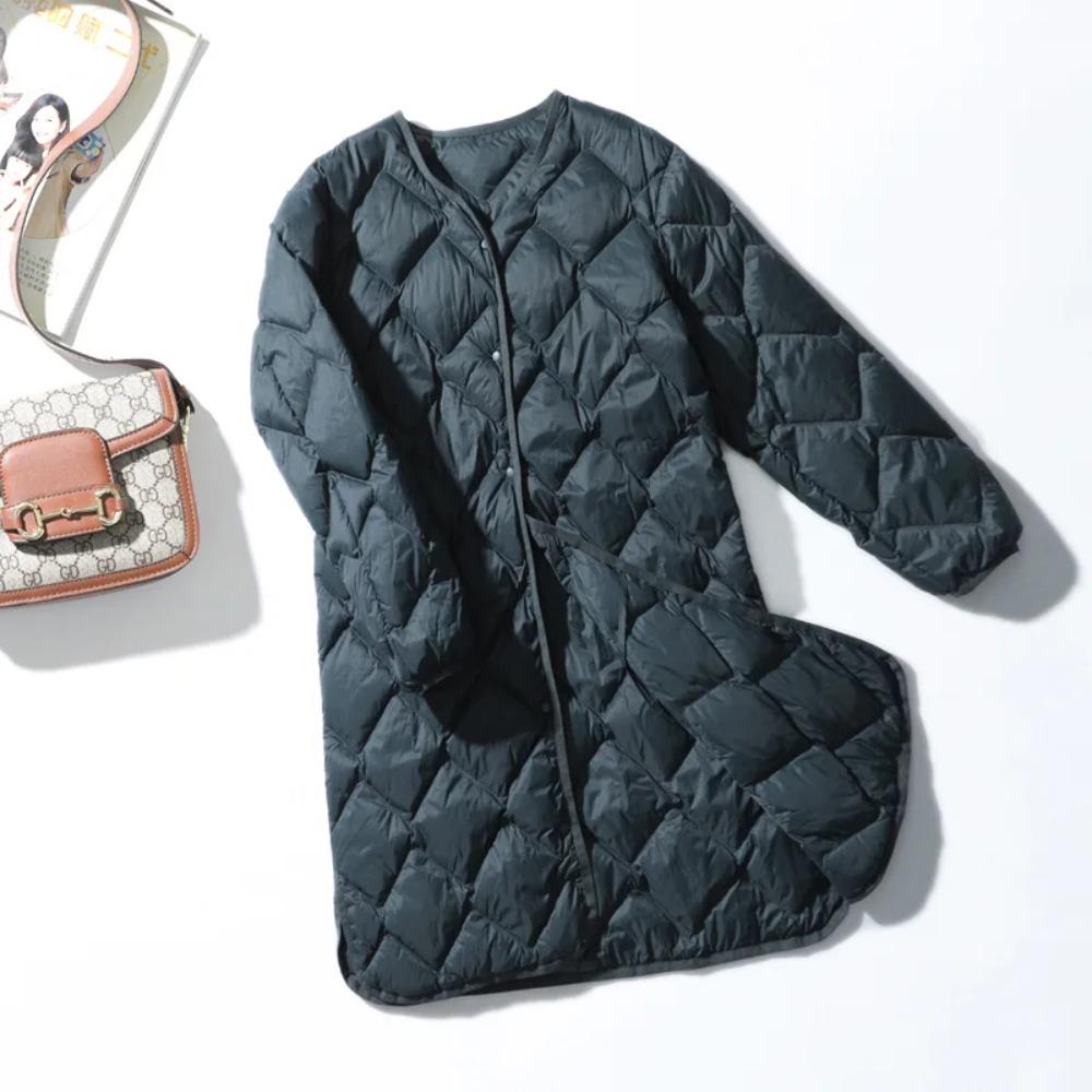 Damen Ultraleichte Weiße Entendaunen Lange Jacke Argyle V-Ausschnitt Kragen Lässig Herbst Winter Oberbekleidung Mantel