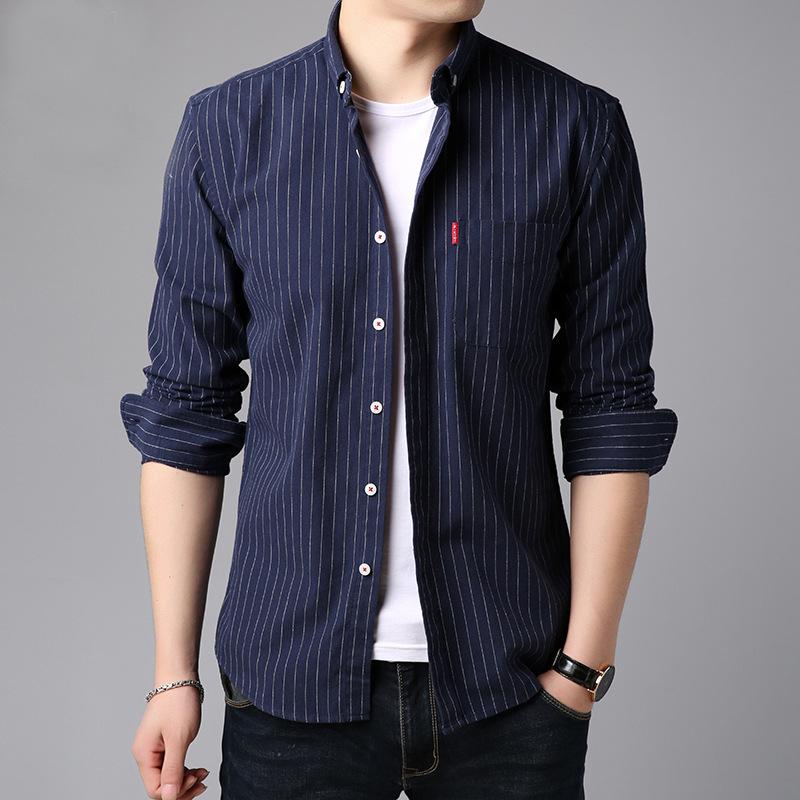 Men Long Sleeve Lapel Shirt Men's Striped Casual Shirt SlimFit Casual Business Dress Shirts Solid Color White Shirt