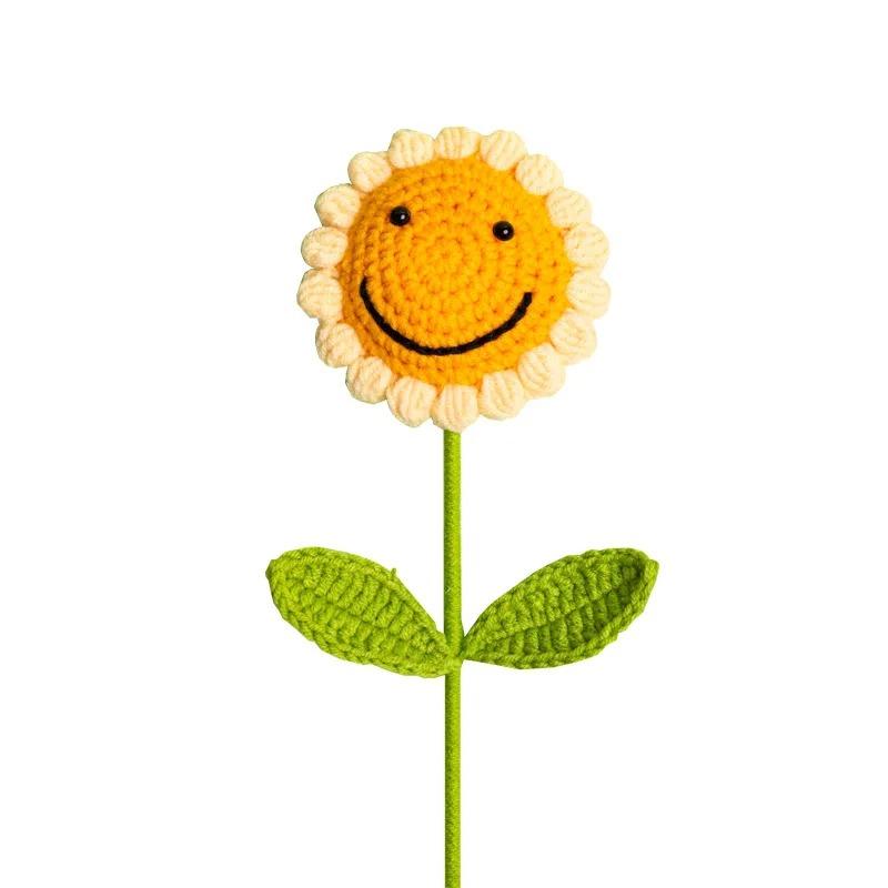 1-10PCSKnitted Flower Bouquet Handmade Sunflower Rose Yarn Decoration for Valentine Mothers Day Birthday Gift Artificial Flowers
