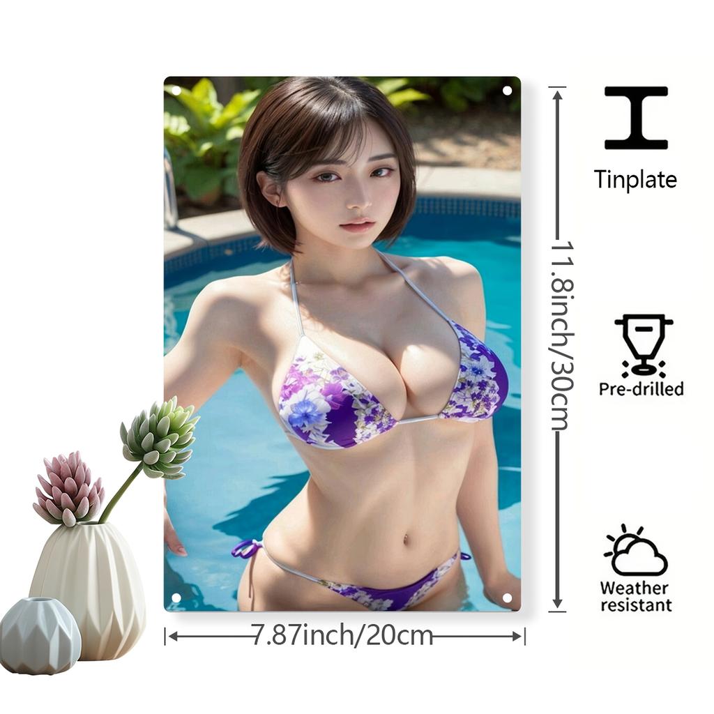 Vintage Metal Wall Art Large Purple Bikini Woman Poster D Retro Beach Decor for Indoor Outdoor
