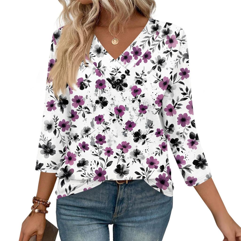 Women's Print Top Button-down V-neck T-shirt 3/4 Sleeve Loose Fashion Top
