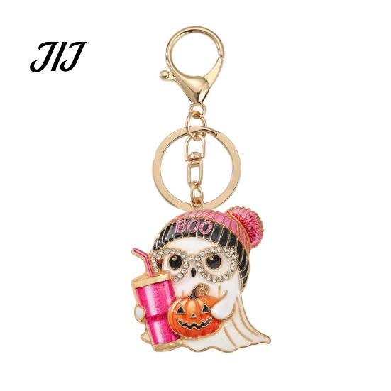 Holding Milk Tea Ghost Keychain Halloween Cartoon for Backpack, Alloy Pumpkin Keyring, Handbags Backpack Accessories Festive Party Favor