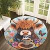 Highland Cattle and Coffee Cups Flannel-printed Round Floor Mats Are Slip-resistant Suitable Living Room Terrace Garden Carpets