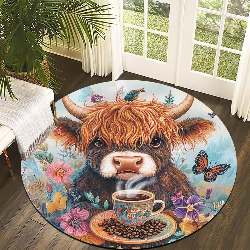 Highland Cattle and Coffee Cups Flannel-printed Round Floor Mats Are Slip-resistant Suitable Living Room Terrace Garden Carpets